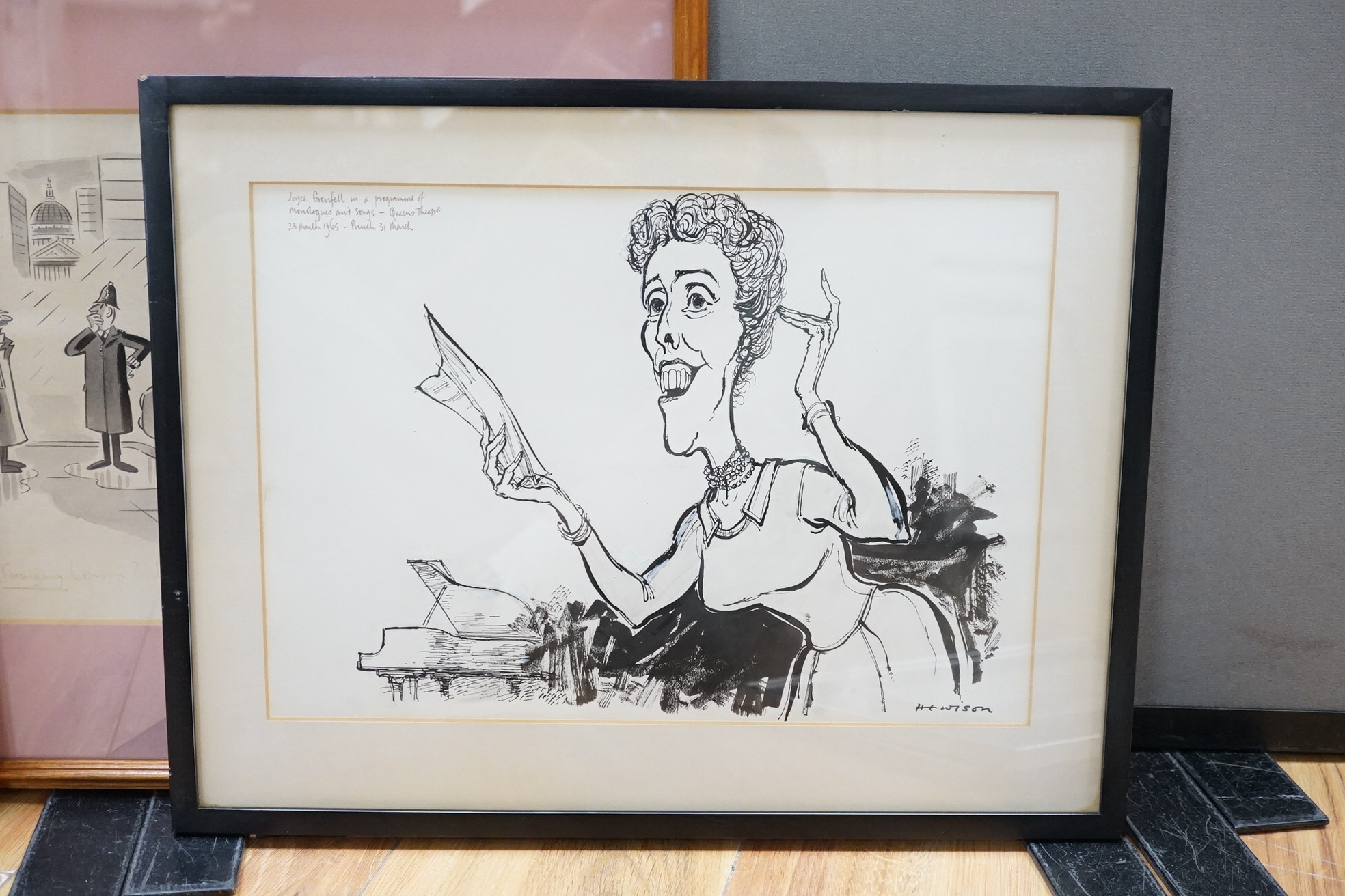 Five 1960's and 1970's original Punch cartoons, monochrome cartoons and caricatures for Punch Magazine to include David Langdon, London street scene and Hewison, Joyce Grenfell in a programme of monologues and songs, lar